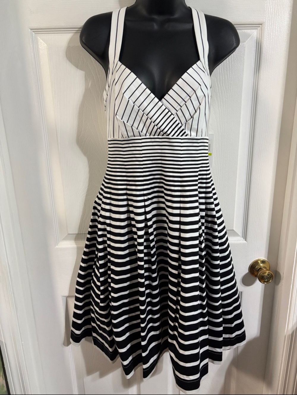 Calvin Klein Black and White Striped Fit-and-Flare Dress